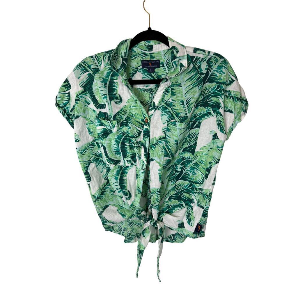 Margaritaville Womens Island reserve palm print button down croped tie waist